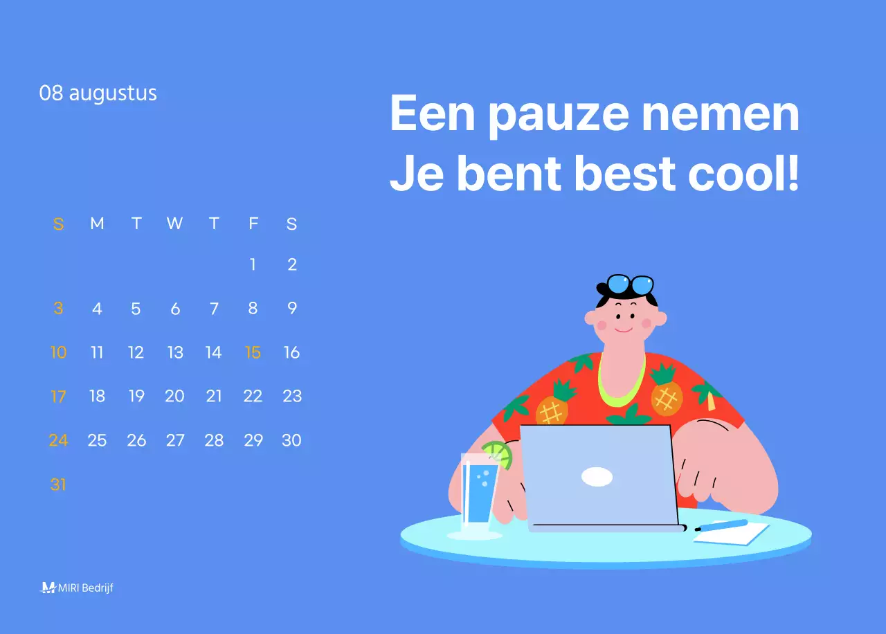 Motiverende kalender met energieke illustraties en positieve citaten op een lichtblauwe achtergrond