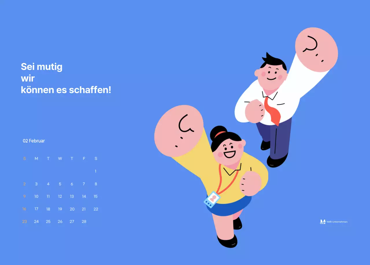 Motivationskalender mit energiegeladenen Illustrationen und positiven Zitaten auf hellblauem Hintergrund