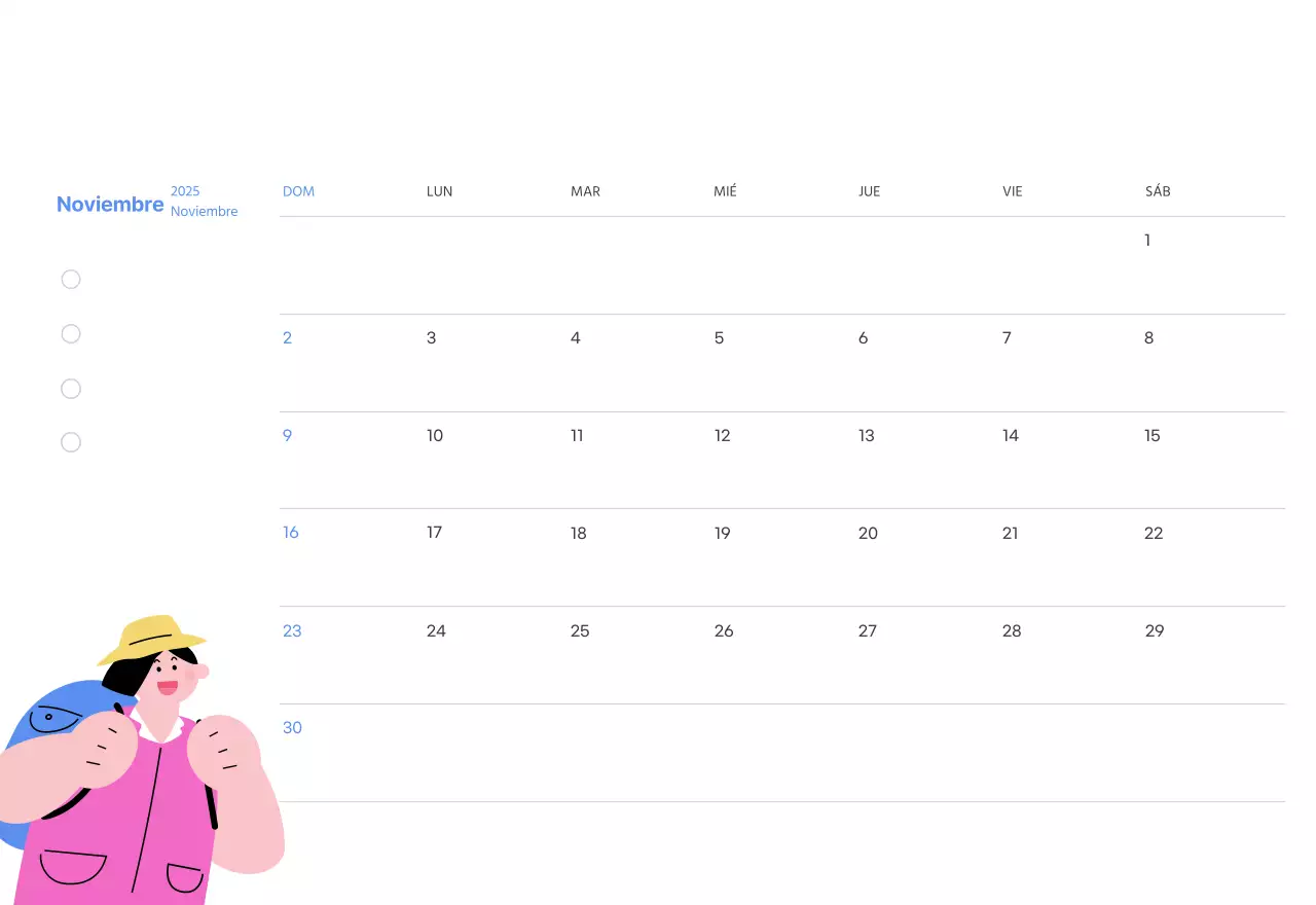 Calendario motivacional con ilustraciones llenas de energía y citas positivas sobre fondo azul claro