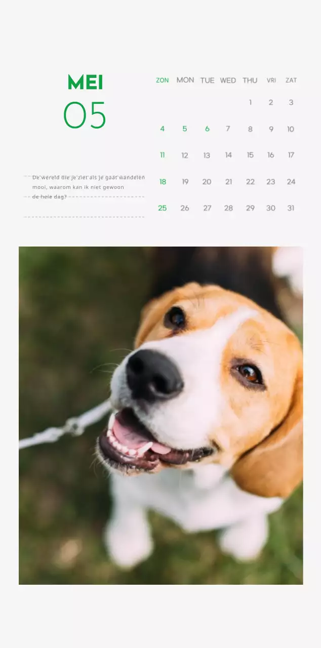 Een kalender met een puppyfoto en een schattige boodschap in groene accentkleur