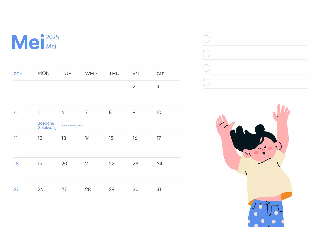 Motiverende kalender met energieke illustraties en positieve citaten op een lichtblauwe achtergrond