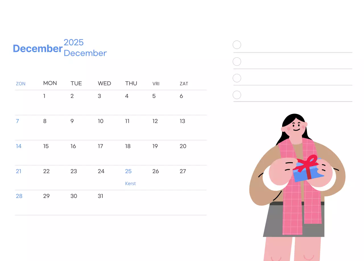 Motiverende kalender met energieke illustraties en positieve citaten op een lichtblauwe achtergrond