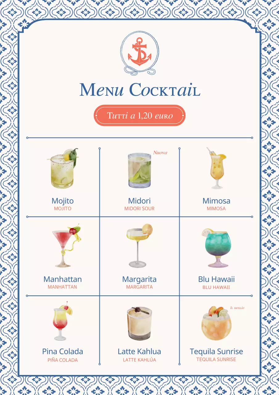 Una collezione di cartelli di menu di pesce d'epoca in blu chiaro e blu navy.