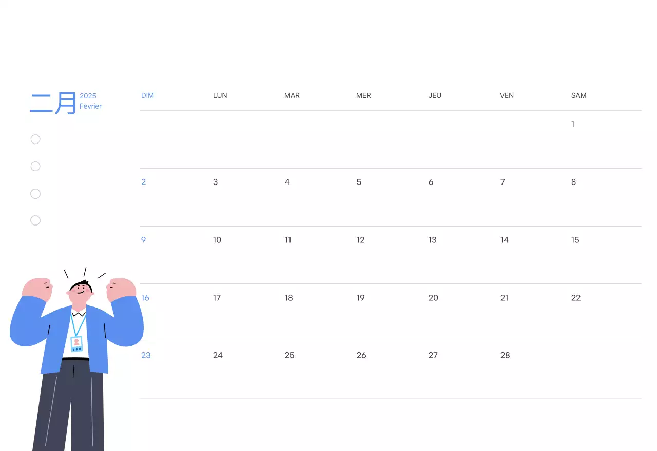 Calendrier de motivation avec des illustrations énergiques et des citations positives sur un fond bleu clair