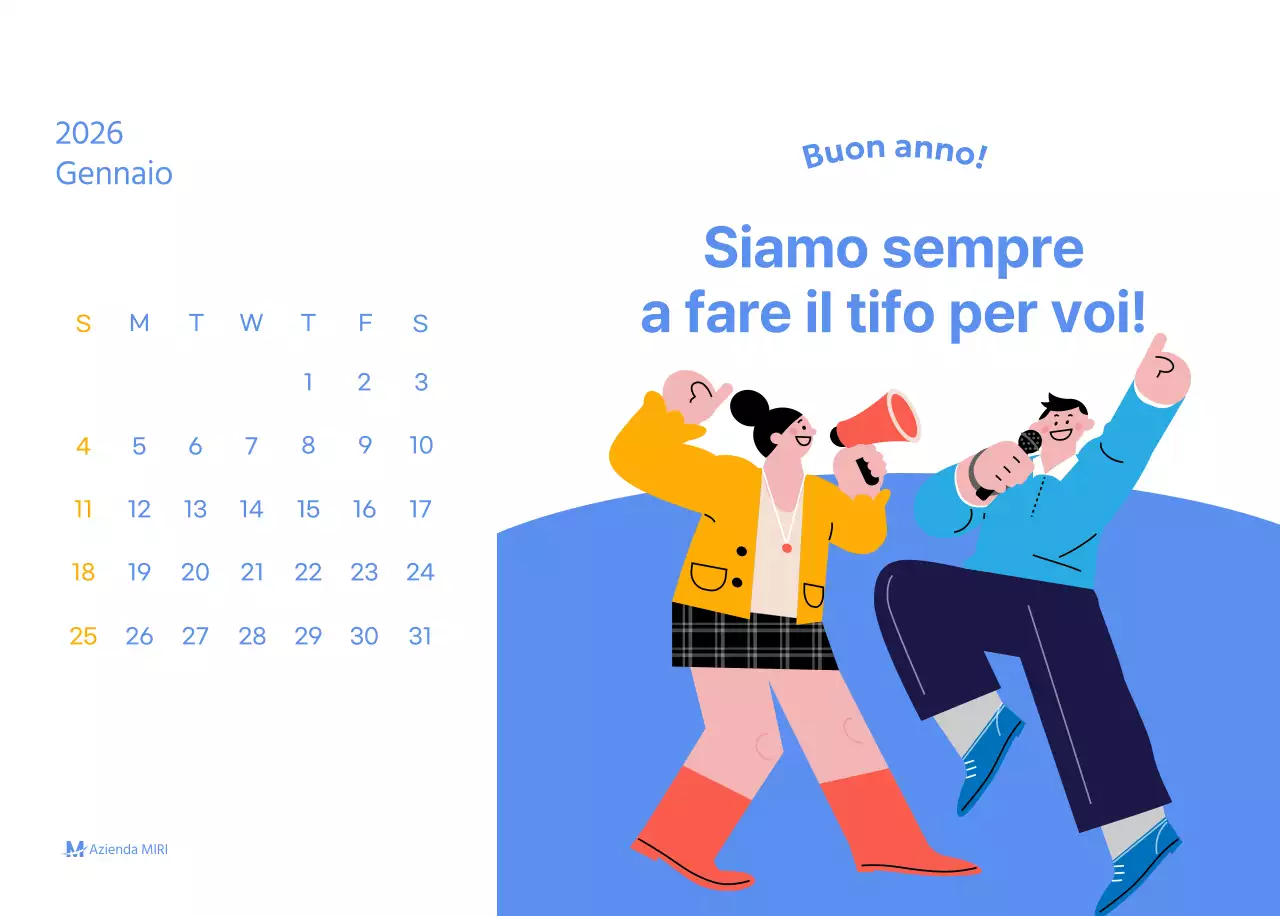 Calendario motivazionale con illustrazioni energetiche e citazioni positive su sfondo azzurro
