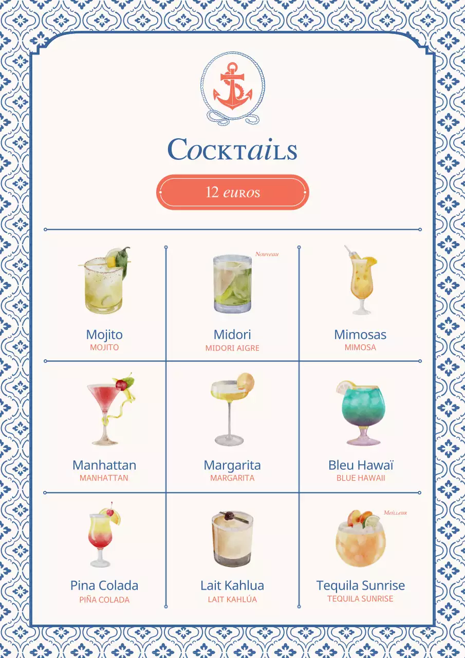 Une collection de tableaux de menus de fruits de mer vintage en bleu clair et bleu marine.