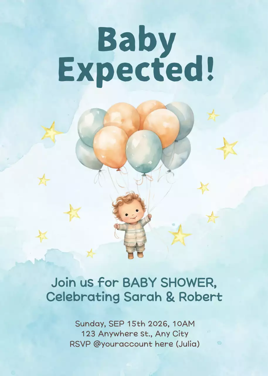 Thiệp mời tiệc mừng em bé màu xanh nhạt dễ thương