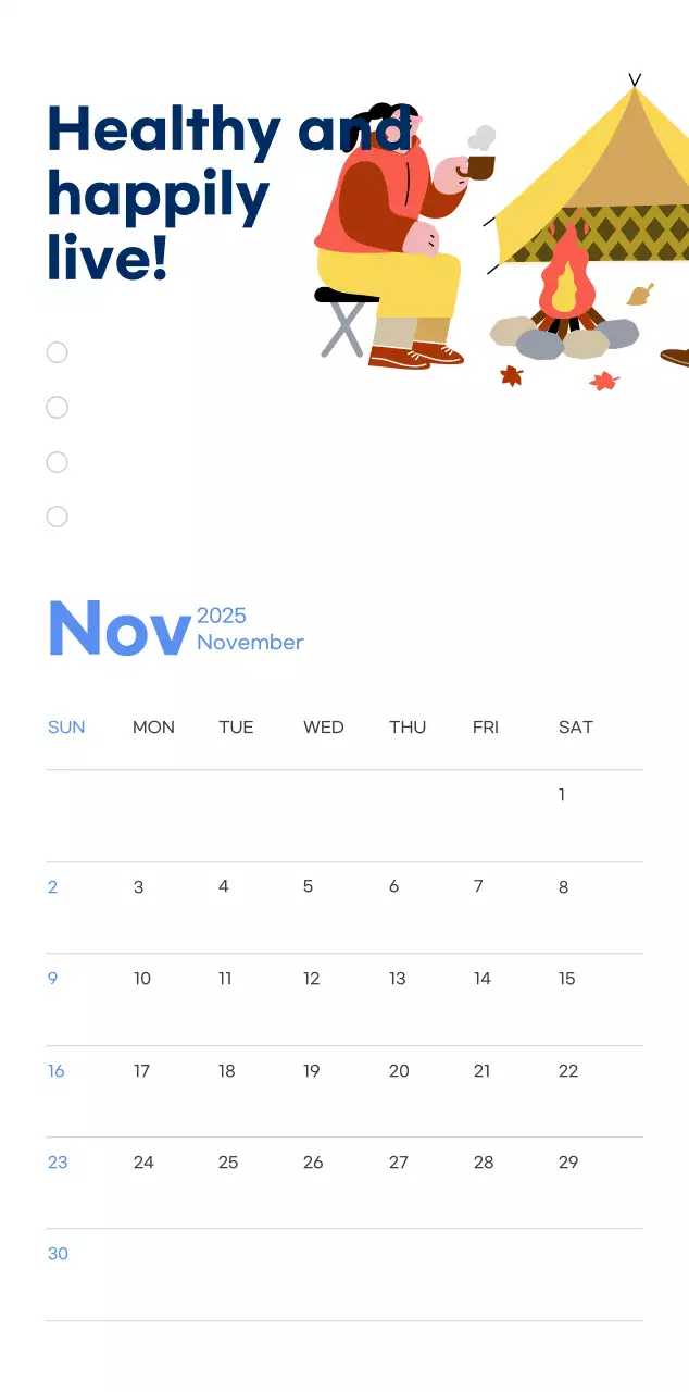 Motivational calendar with energetic illustrations and positive phrases on a light blue background