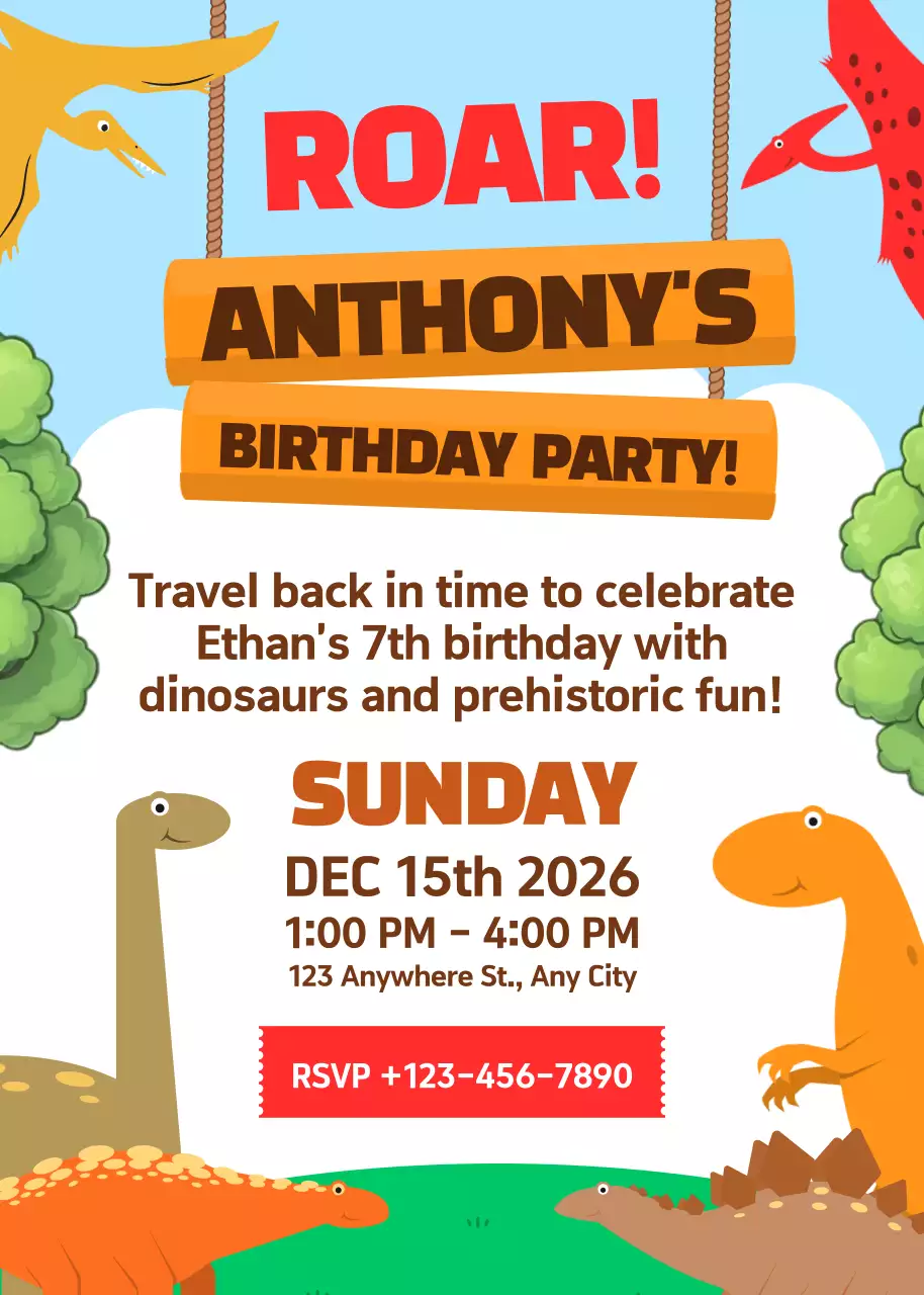 Thiệp mời tiệc sinh nhật khủng long dễ thương màu cam