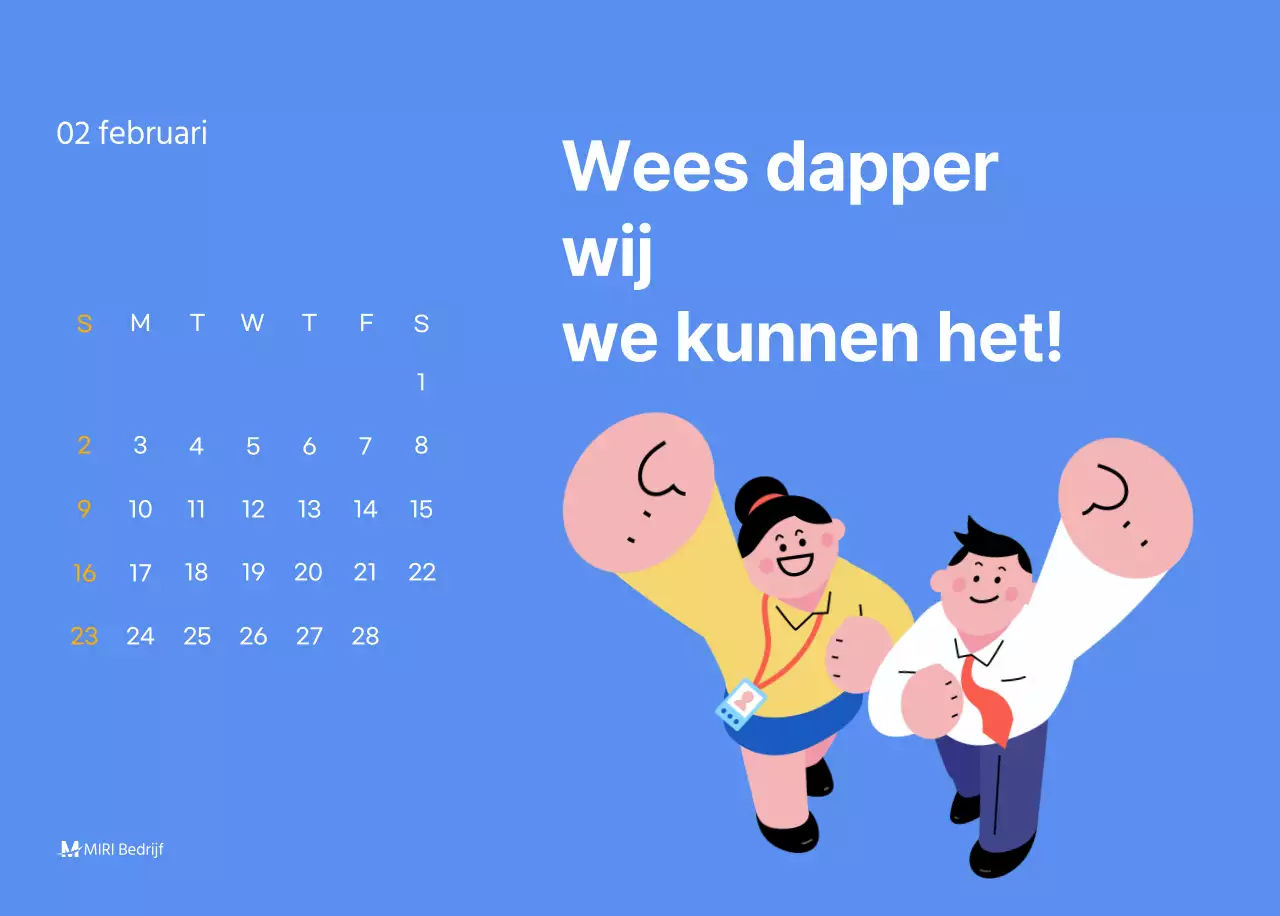 Motiverende kalender met energieke illustraties en positieve citaten op een lichtblauwe achtergrond