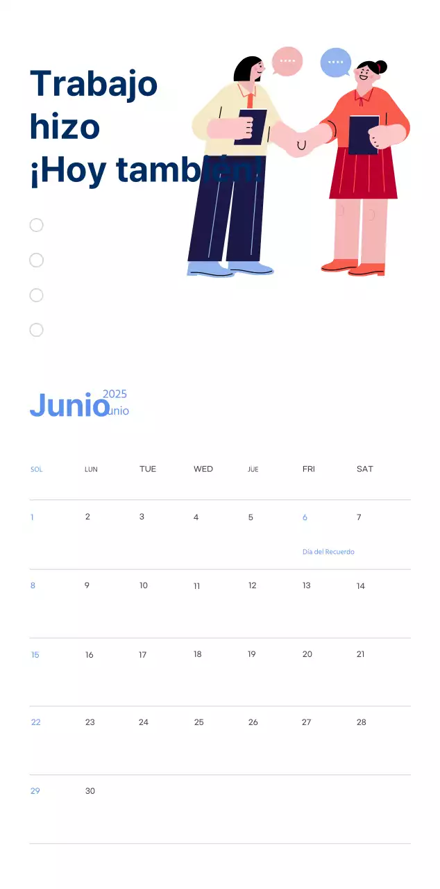 Calendario motivacional con ilustraciones llenas de energía y citas positivas sobre fondo azul claro