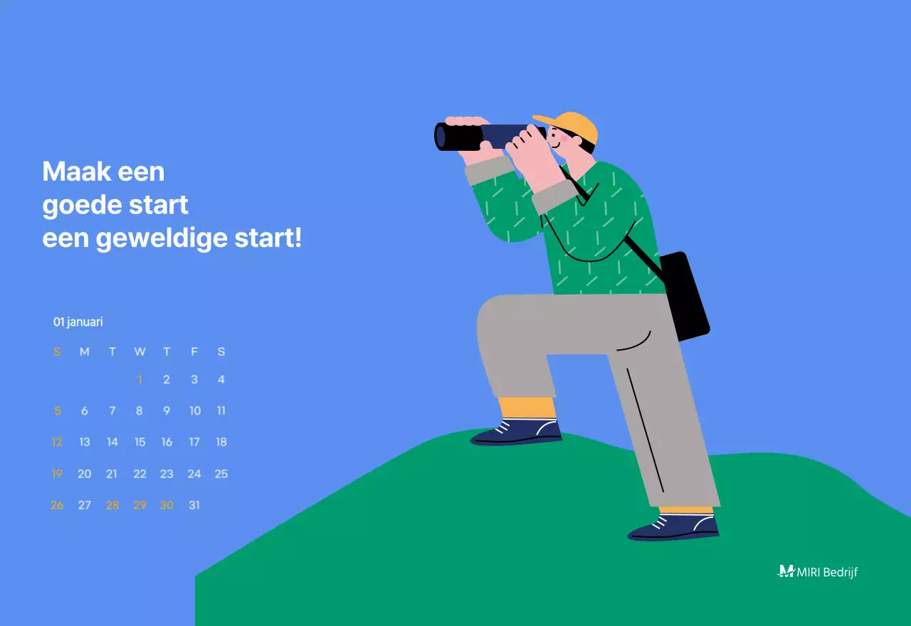 Motiverende kalender met energieke illustraties en positieve citaten op een lichtblauwe achtergrond