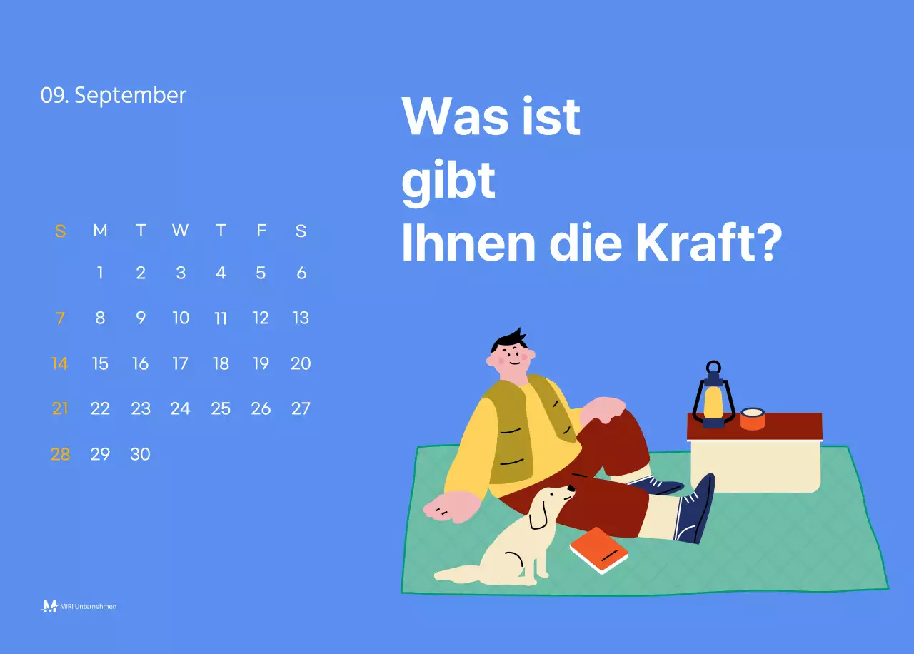 Motivationskalender mit energiegeladenen Illustrationen und positiven Zitaten auf hellblauem Hintergrund