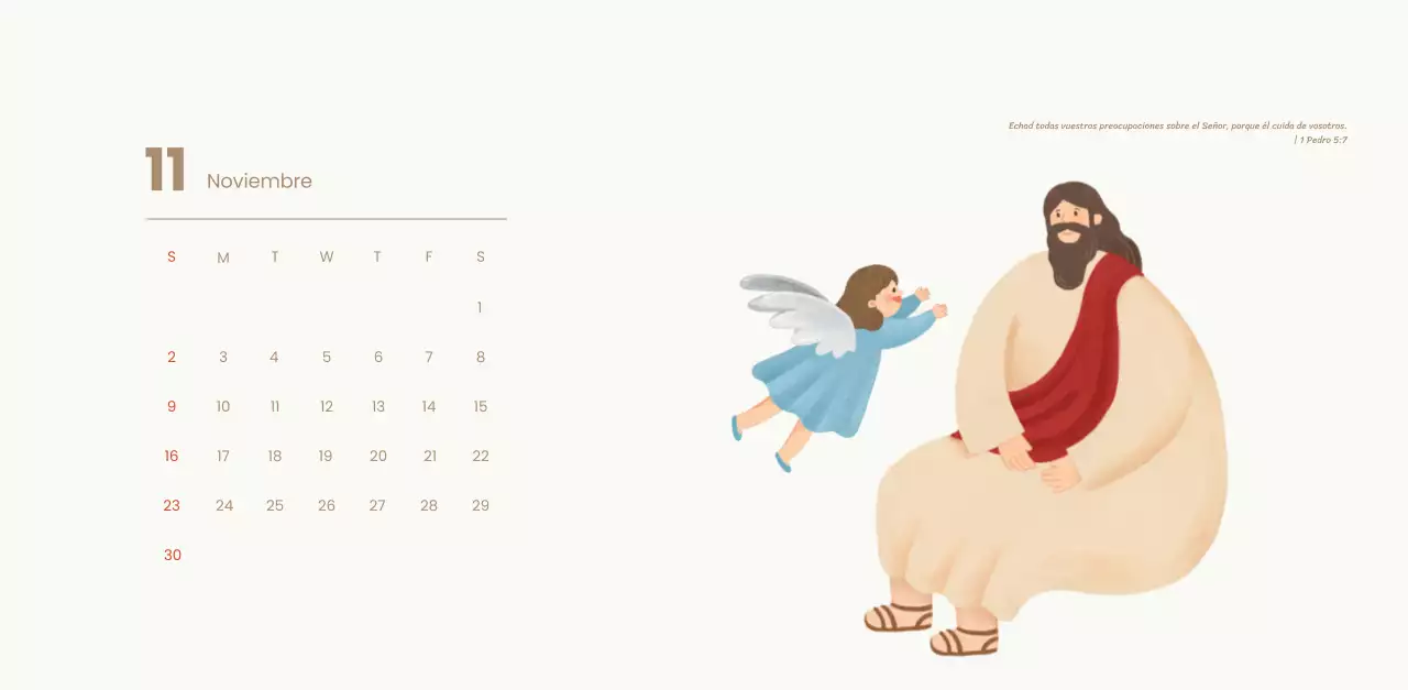 Un calendario devocional con acogedoras ilustraciones y versículos bíblicos sobre fondo azul claro
