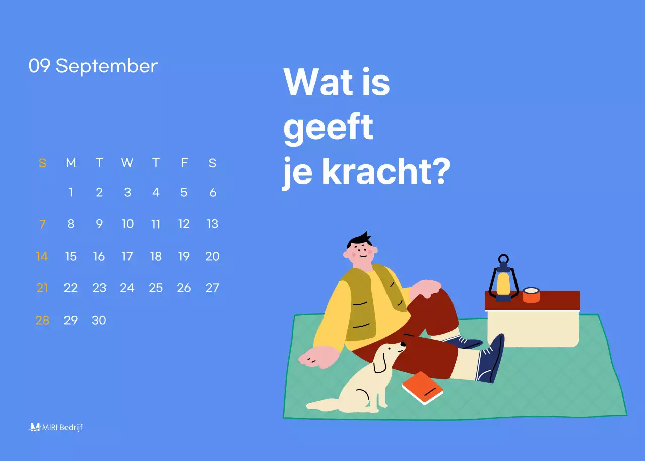 Motiverende kalender met energieke illustraties en positieve citaten op een lichtblauwe achtergrond