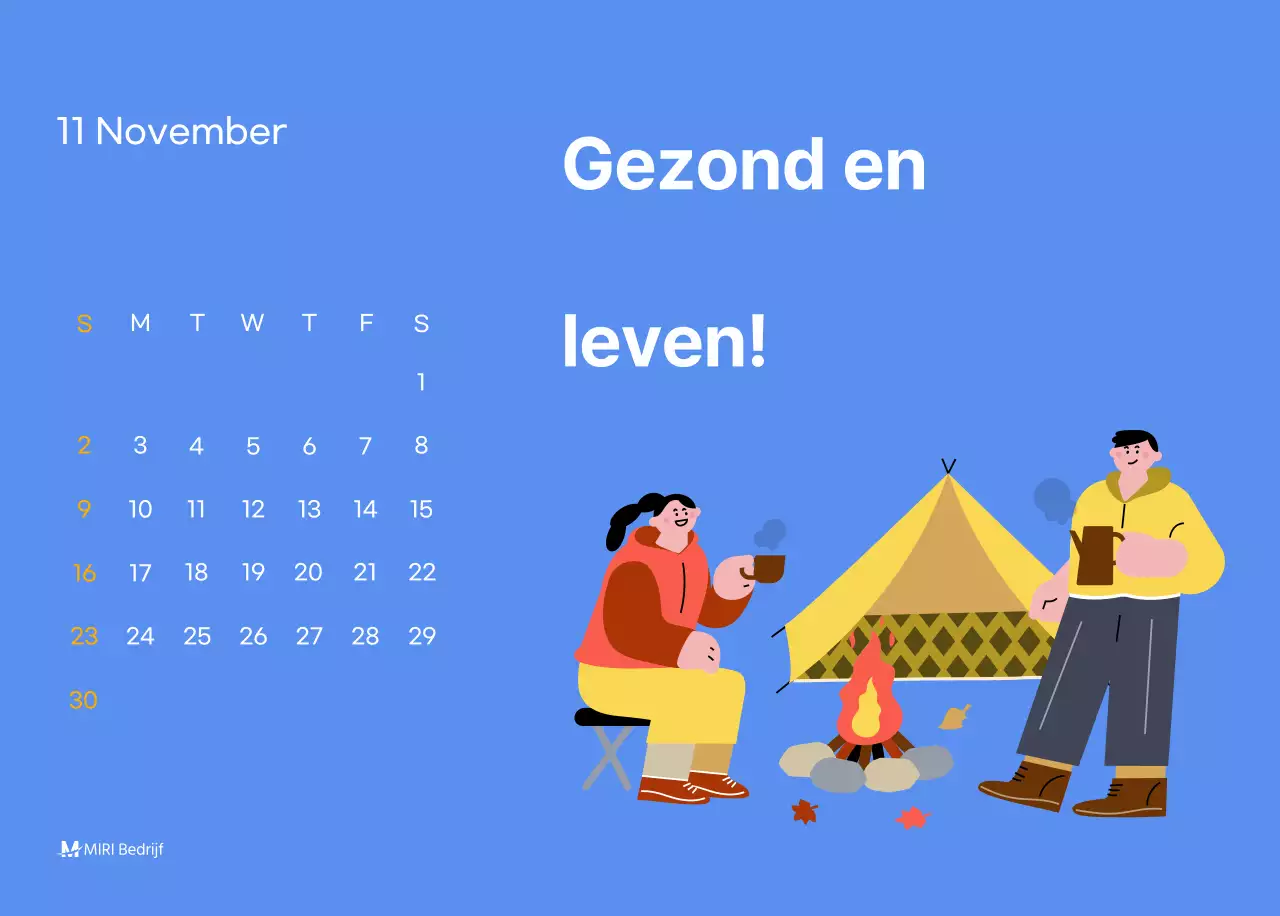 Motiverende kalender met energieke illustraties en positieve citaten op een lichtblauwe achtergrond
