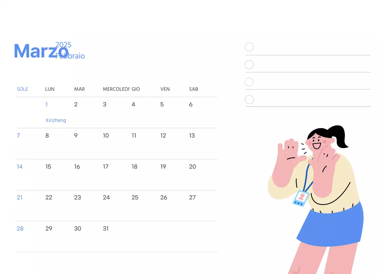 Calendario motivazionale con illustrazioni energetiche e citazioni positive su sfondo azzurro