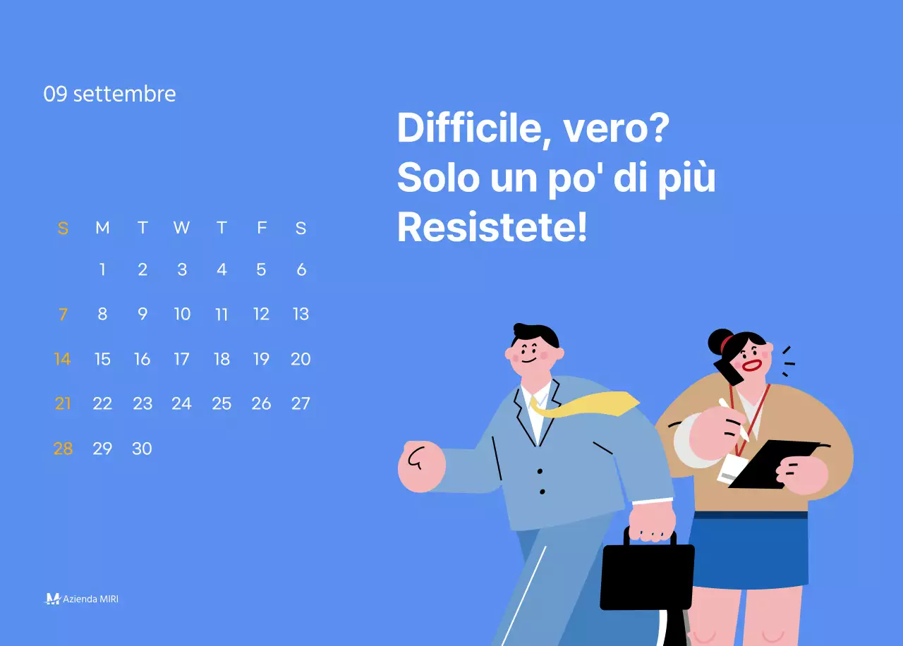 Calendario motivazionale con illustrazioni energetiche e citazioni positive su sfondo azzurro