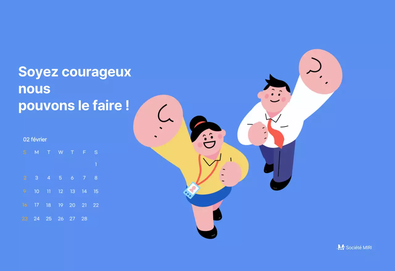 Calendrier de motivation avec des illustrations énergiques et des citations positives sur un fond bleu clair