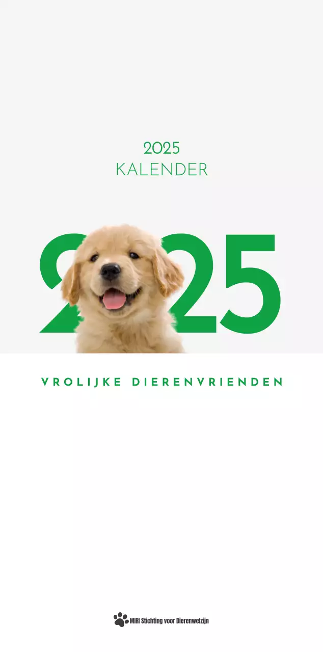 Een kalender met een puppyfoto en een schattige boodschap in groene accentkleur
