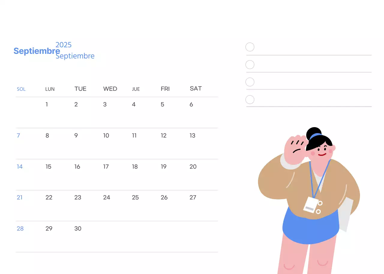 Calendario motivacional con ilustraciones llenas de energía y citas positivas sobre fondo azul claro