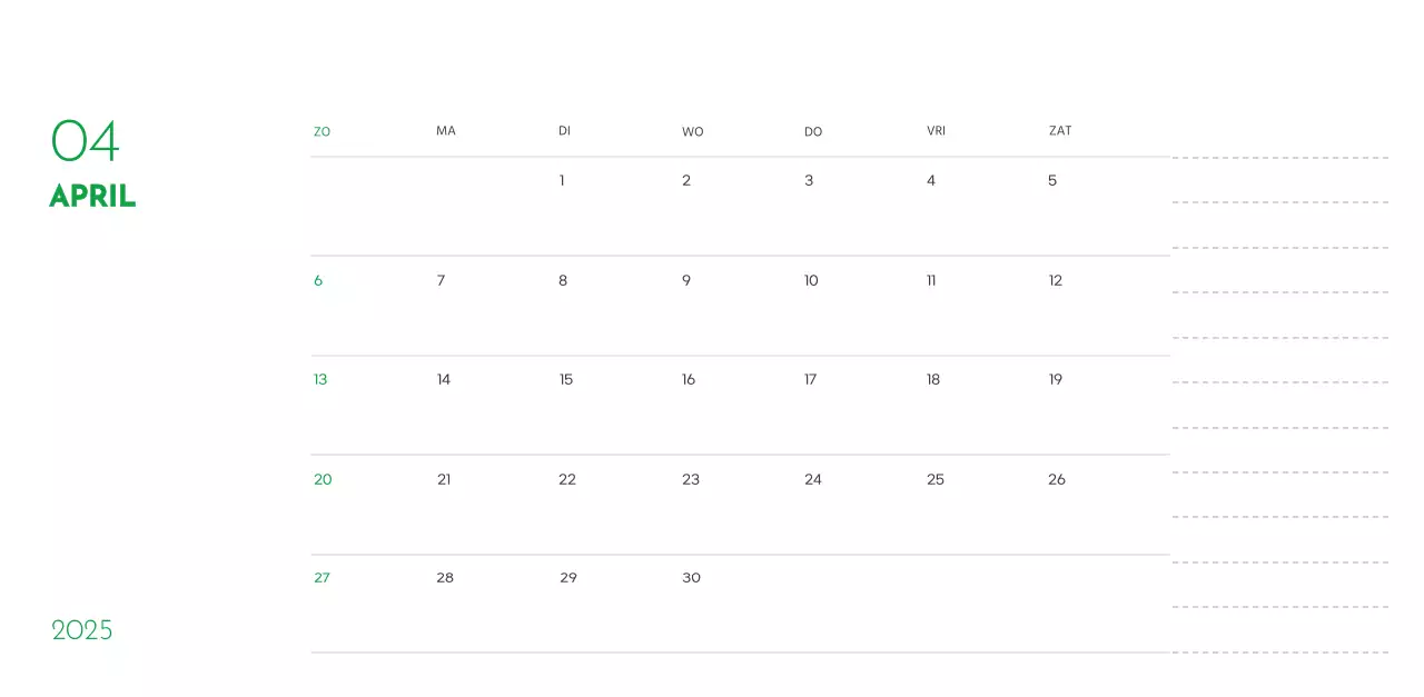 Een kalender met een puppyfoto en een schattige boodschap in groene accentkleur