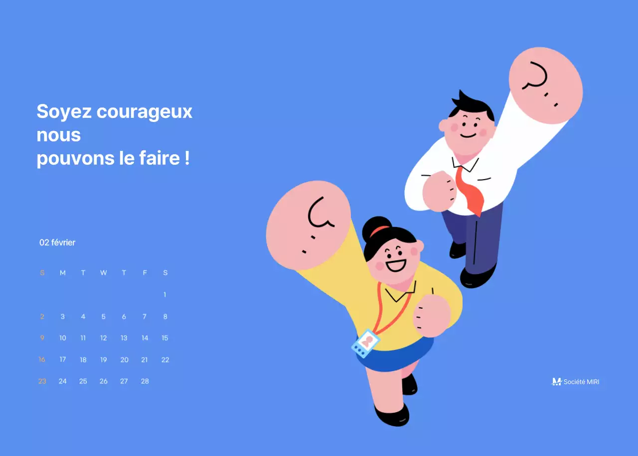 Calendrier de motivation avec des illustrations énergiques et des citations positives sur un fond bleu clair