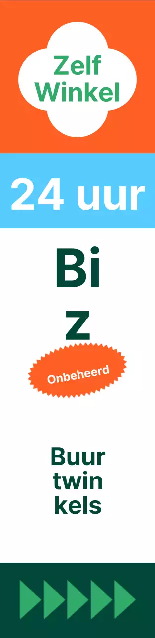 Vierkant groot formaat verkeersbord voor buurtwinkels met levendige kleuren en patronen