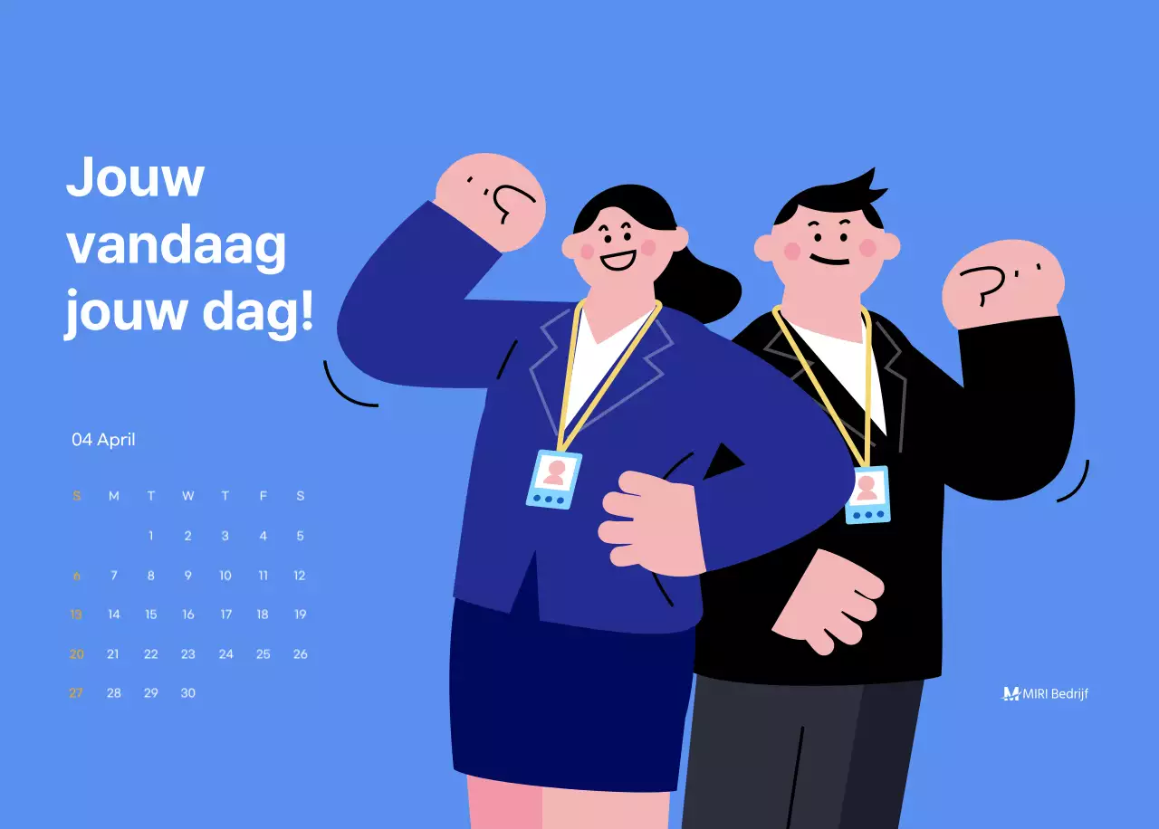 Motiverende kalender met energieke illustraties en positieve citaten op een lichtblauwe achtergrond