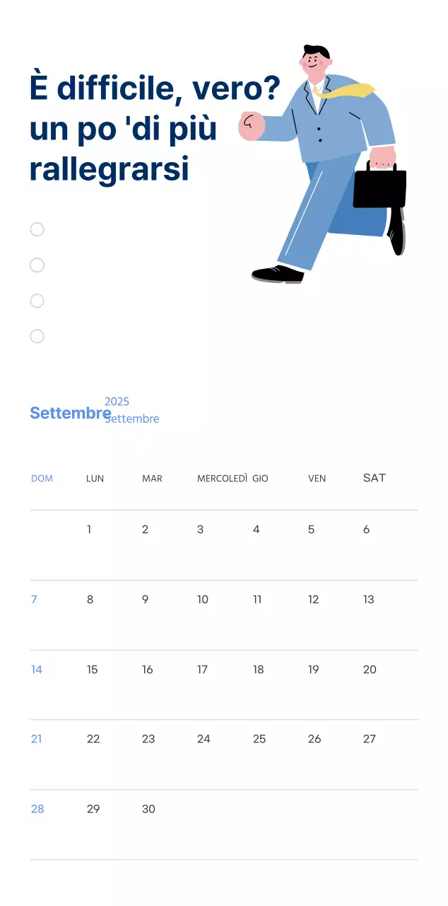 Calendario motivazionale con illustrazioni energetiche e citazioni positive su sfondo azzurro