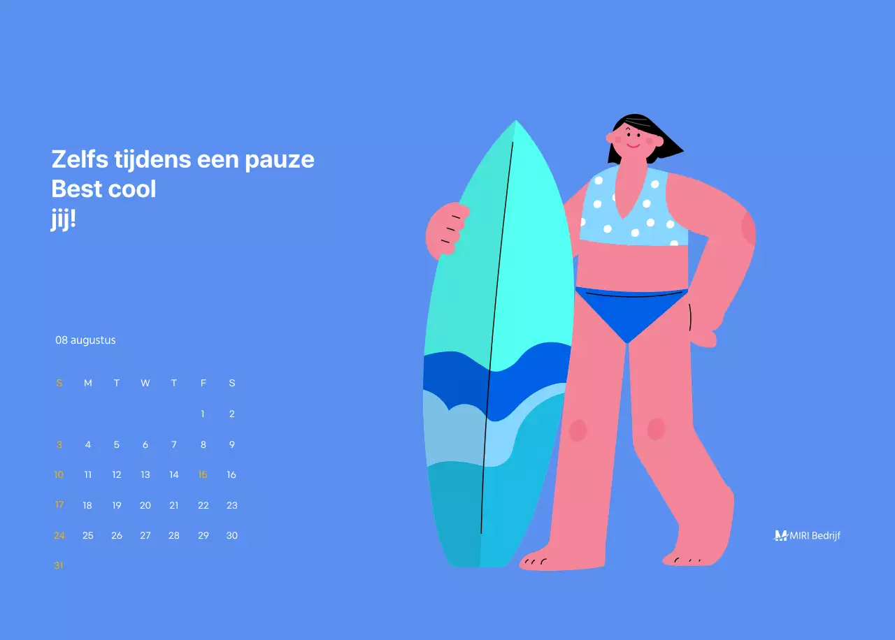 Motiverende kalender met energieke illustraties en positieve citaten op een lichtblauwe achtergrond