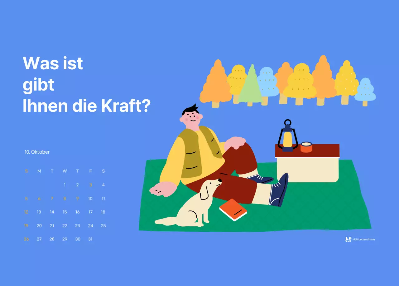 Motivationskalender mit energiegeladenen Illustrationen und positiven Zitaten auf hellblauem Hintergrund