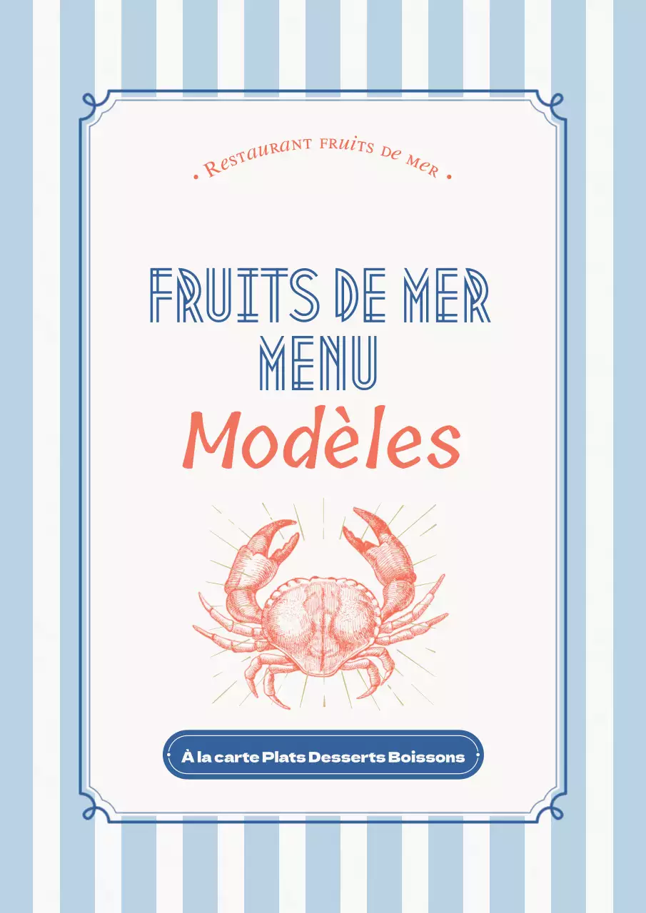 Une collection de tableaux de menus de fruits de mer vintage en bleu clair et bleu marine.