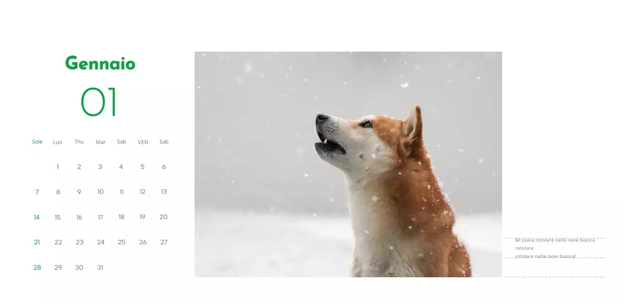 Un calendario con la foto di un cucciolo e un simpatico messaggio in colore verde.