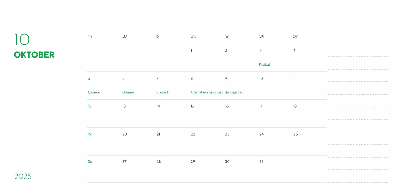 Een kalender met een puppyfoto en een schattige boodschap in groene accentkleur