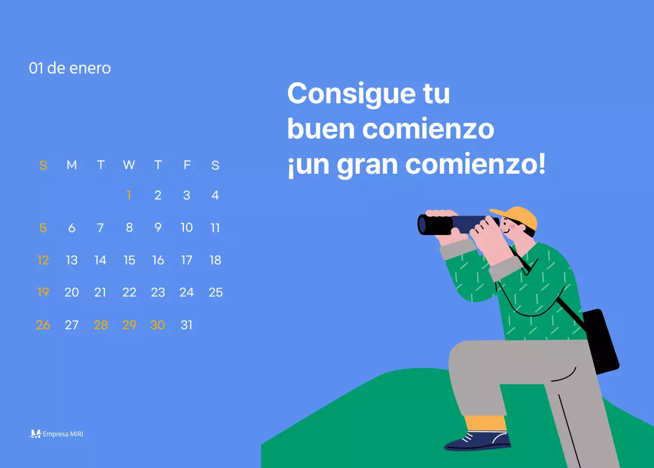 Calendario motivacional con ilustraciones llenas de energía y citas positivas sobre fondo azul claro
