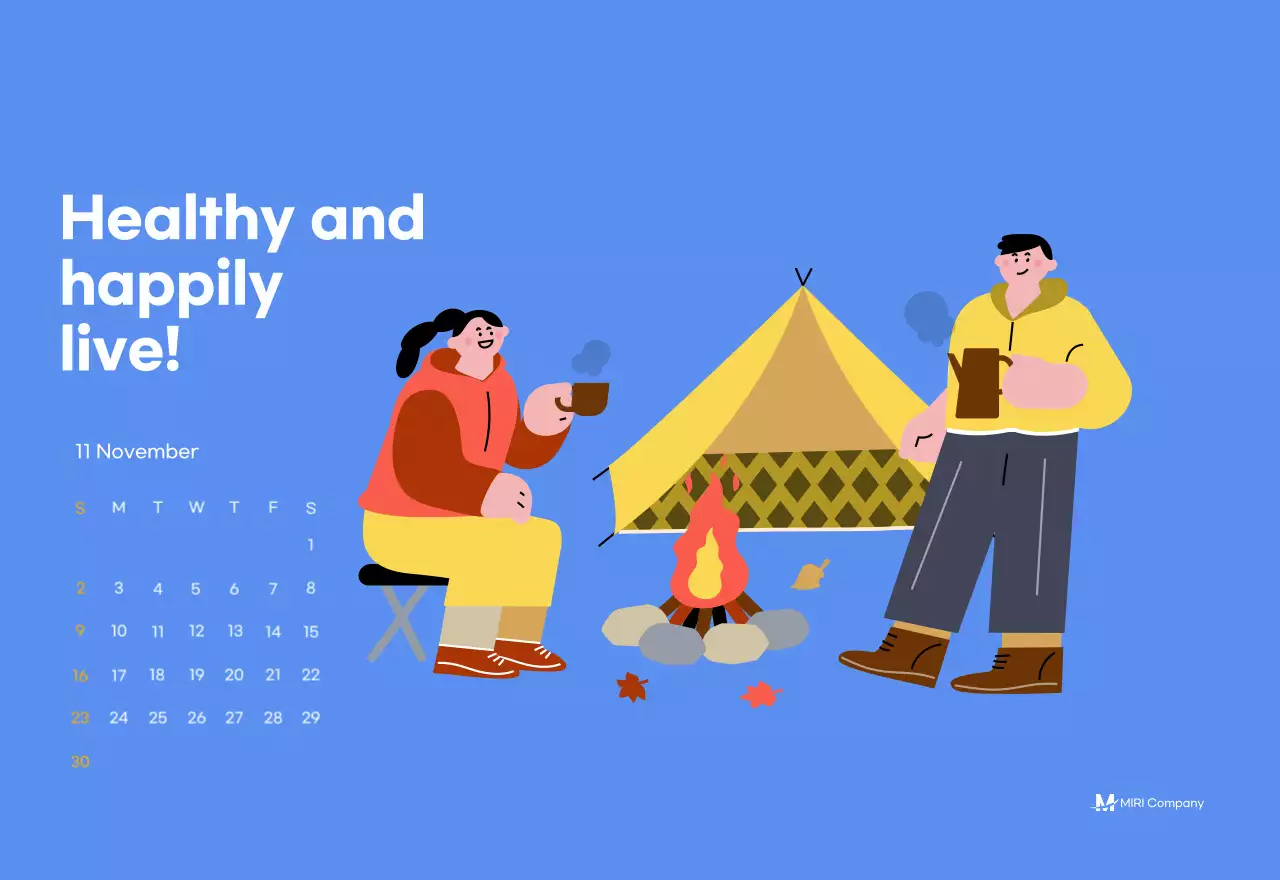 Motivational calendar with energetic illustrations and positive phrases on a light blue background