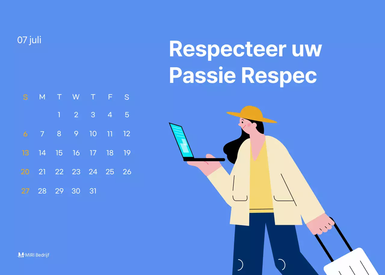Motiverende kalender met energieke illustraties en positieve citaten op een lichtblauwe achtergrond