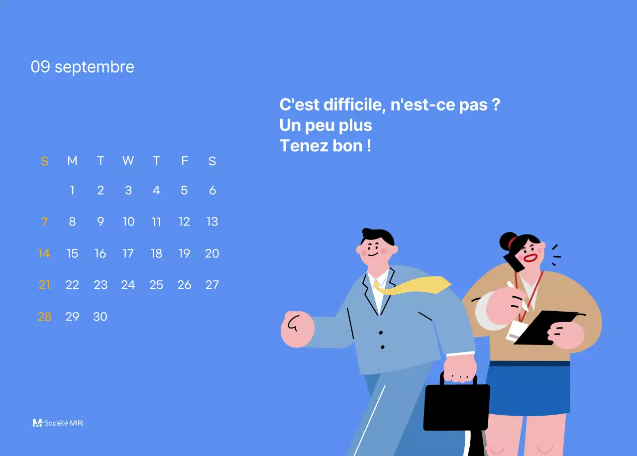 Calendrier de motivation avec des illustrations énergiques et des citations positives sur un fond bleu clair