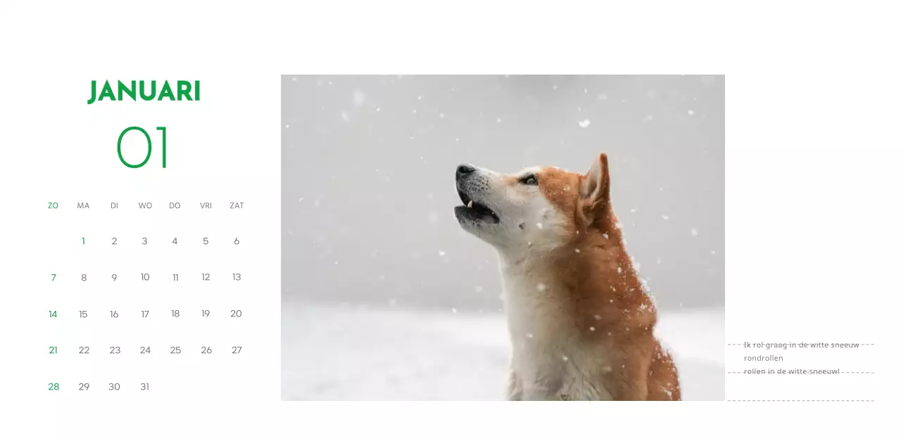 Een kalender met een puppyfoto en een schattige boodschap in groene accentkleur