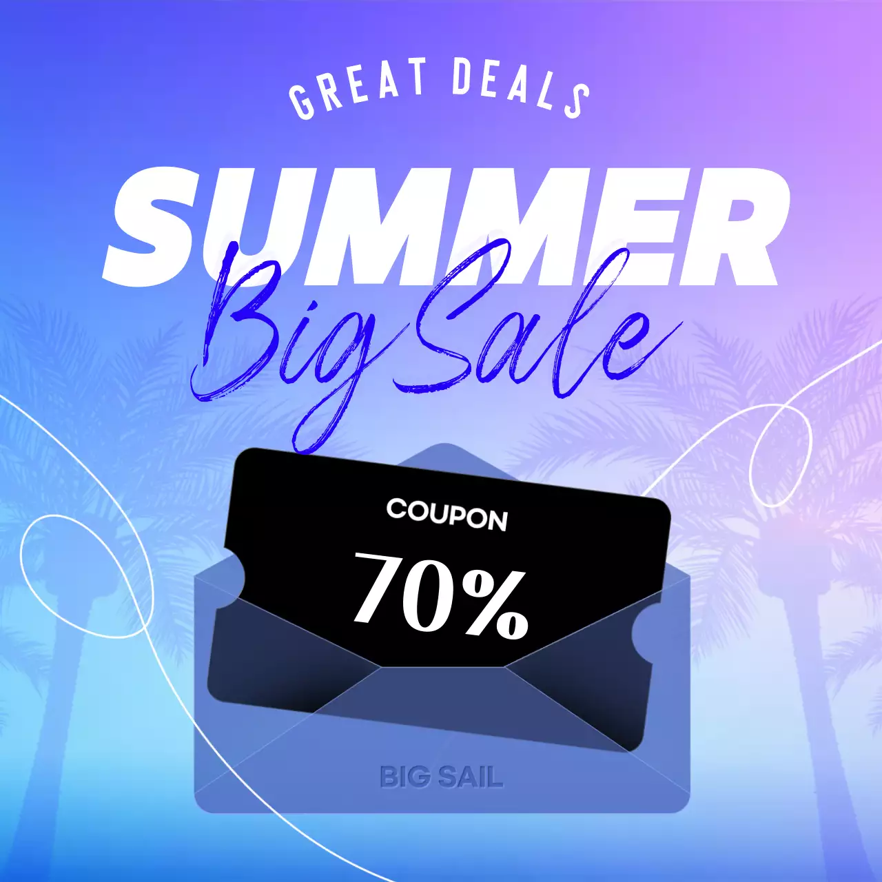 A simple summertime coupon giveaway ad in blue and purple