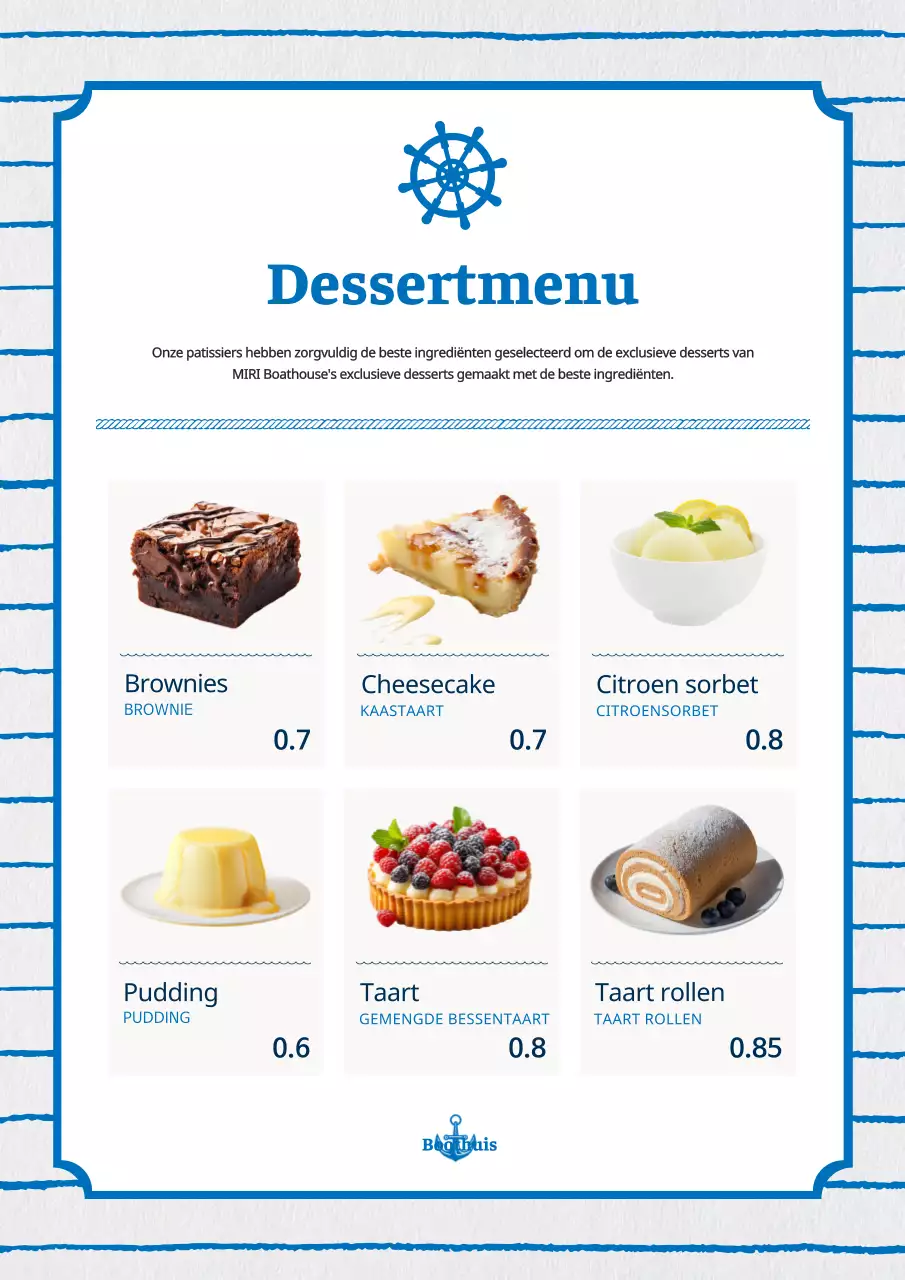 Een verzameling vintage menuborden met zeevruchten in lichtblauw en marineblauw.