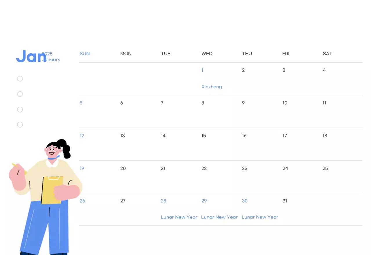 Motivational calendar with energetic illustrations and positive phrases on a light blue background