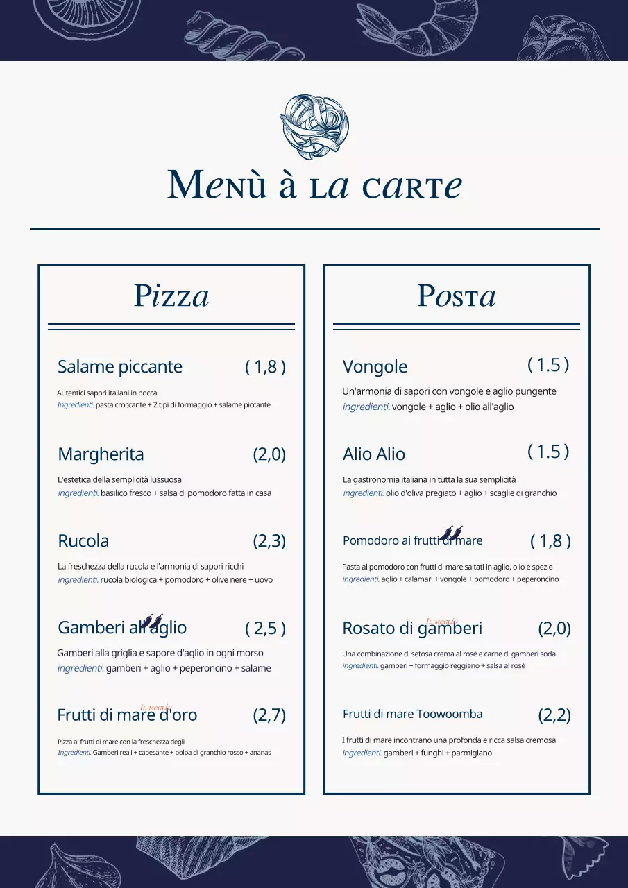 Una collezione di cartelli di menu di pesce d'epoca in blu chiaro e blu navy.