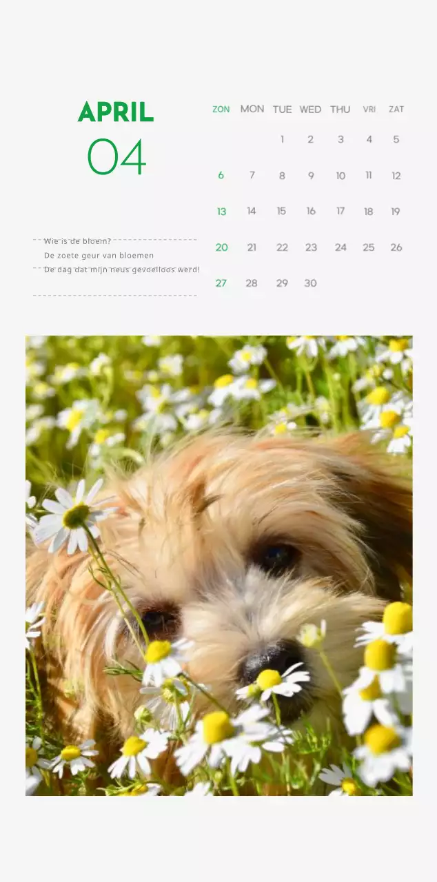 Een kalender met een puppyfoto en een schattige boodschap in groene accentkleur