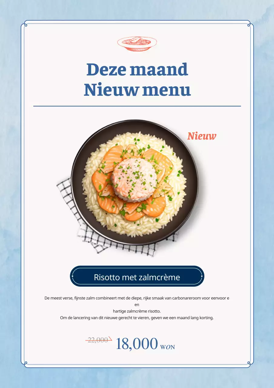 Een verzameling vintage menuborden met zeevruchten in lichtblauw en marineblauw.