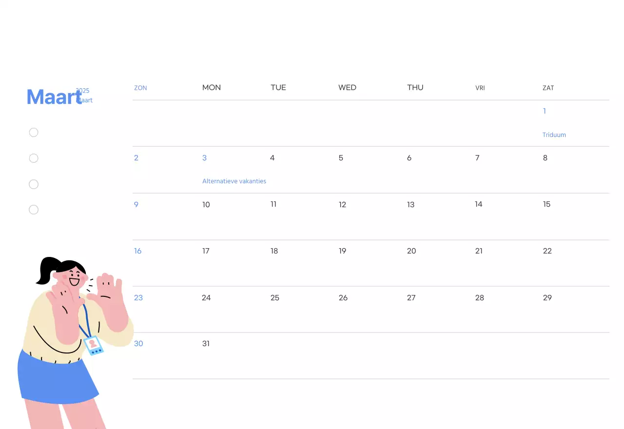 Motiverende kalender met energieke illustraties en positieve citaten op een lichtblauwe achtergrond