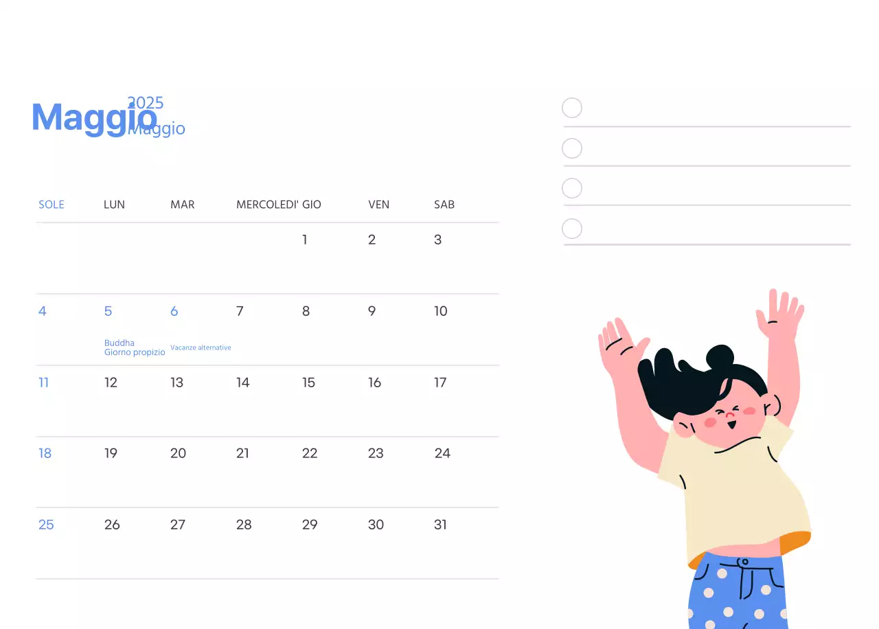 Calendario motivazionale con illustrazioni energetiche e citazioni positive su sfondo azzurro