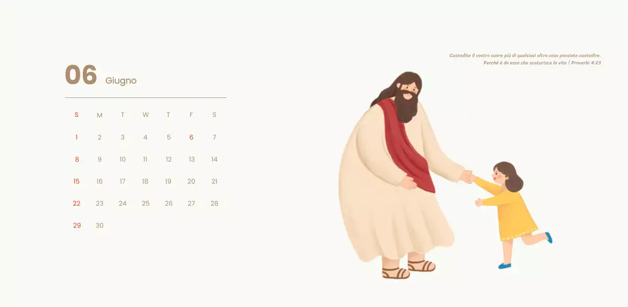 Un calendario devozionale con illustrazioni accoglienti e versetti della Bibbia su uno sfondo blu chiaro