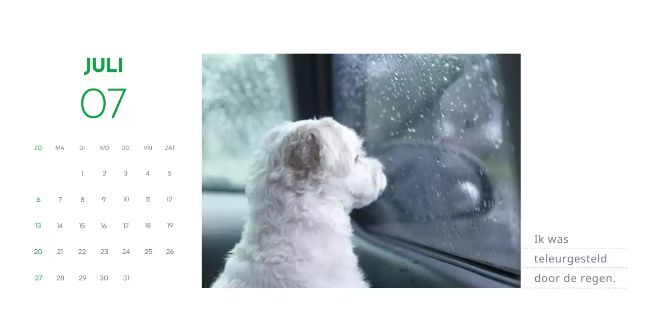 Een kalender met een puppyfoto en een schattige boodschap in groene accentkleur
